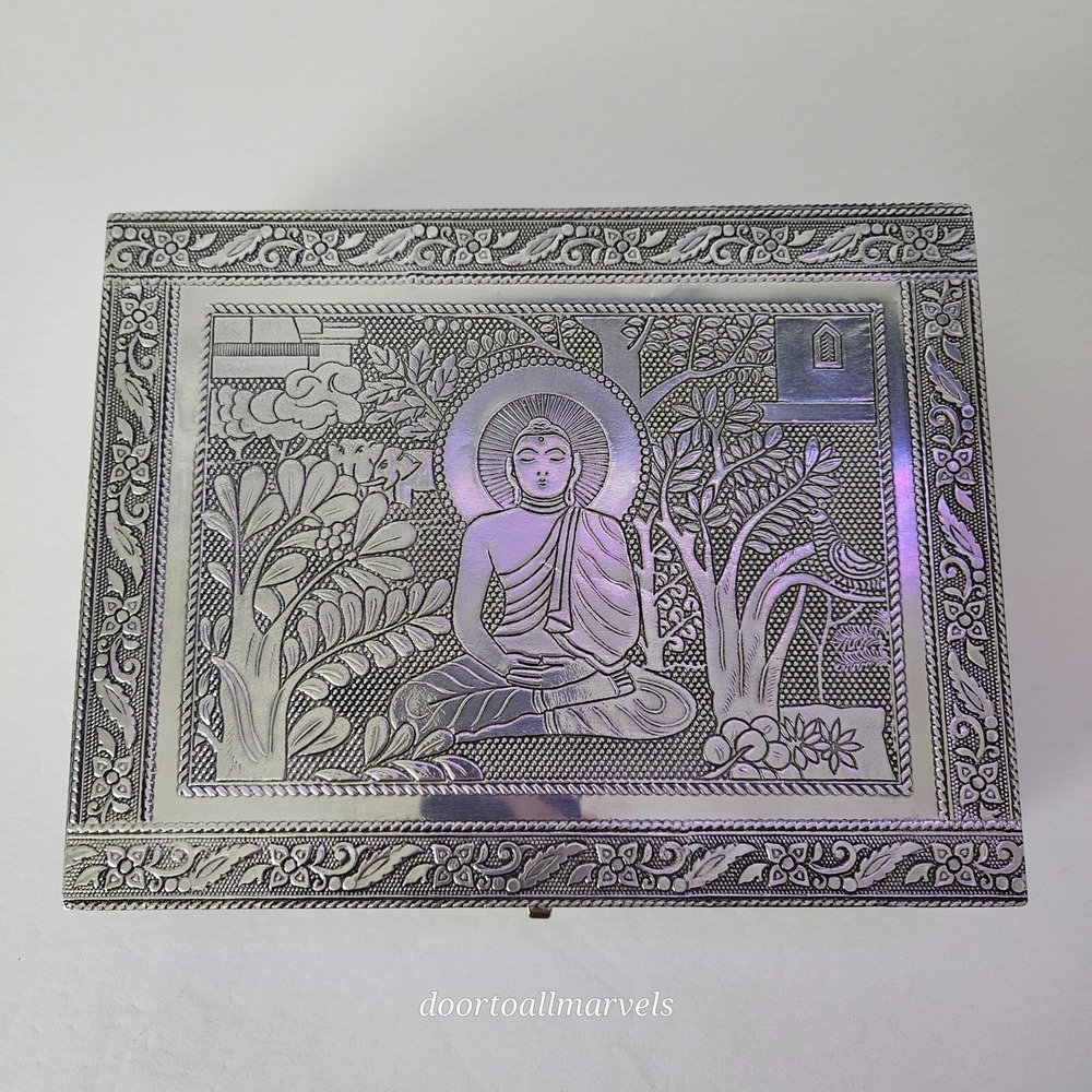 Handicraft Zen Jewelry Box Buddha Embossed Silver Metal & Red Velvet 9"x7"